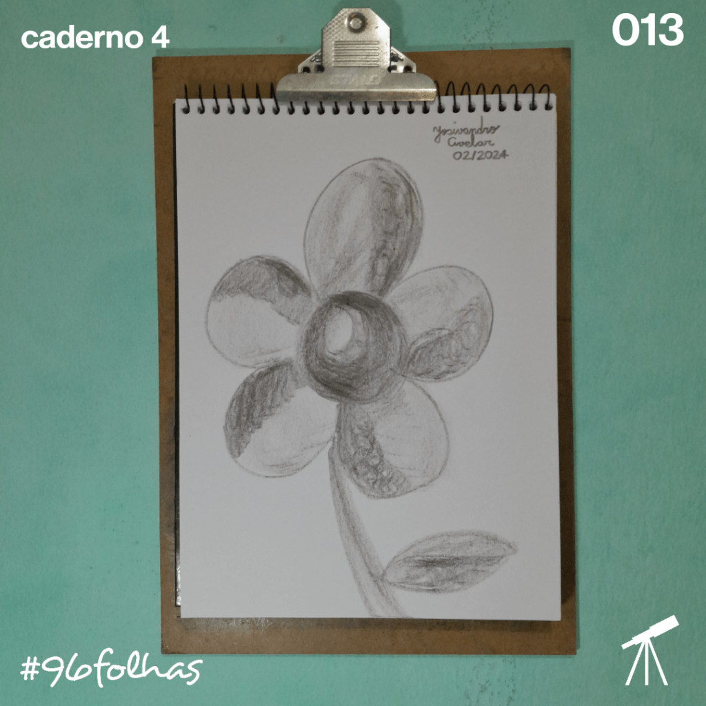 #96folhas caderno 4 - 013: Forma de uma flor 1 Uma flor desenhada em preto e branco, representando a forma de uma flor das minhas artes.