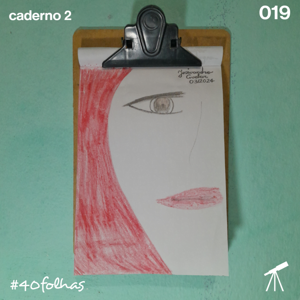 #40folhas caderno 2 - 019: Ela, a mulher da cidade 1 Ela tem cabelos e lábios vermelhos, e tem olhos pretos que refletem a cidade. Ela, a mulher da cidade.