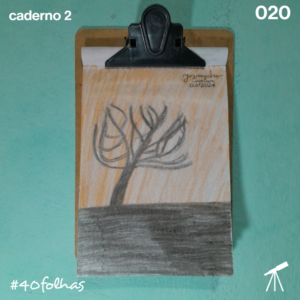 #40folhas caderno 2 - 020: O outono bate à porta 1 Desenho de uma árvore em galhos, em um céu alaranjado, representando o outono que bate à porta.