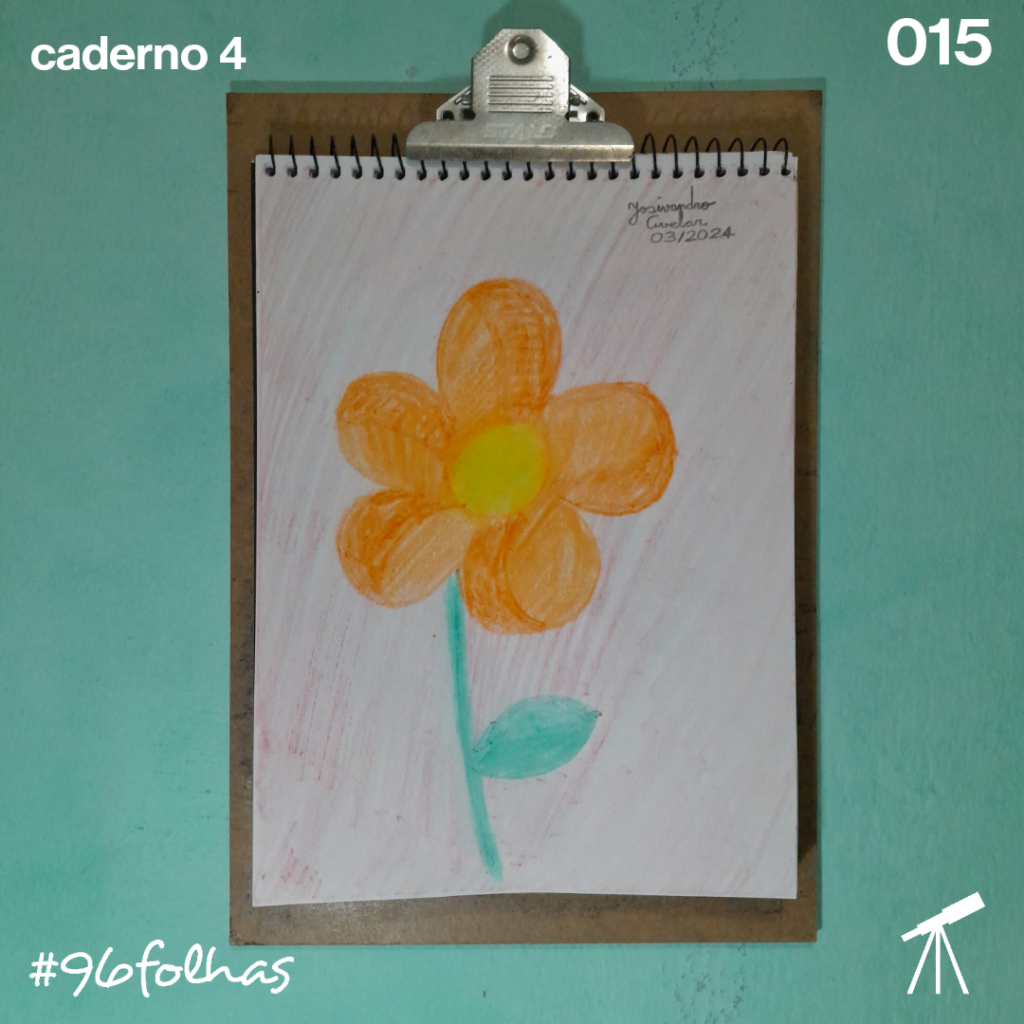 #96folhas caderno 4 - 015: Flor de outono 1 Desenho de uma flor laranja em fundo avermelhado, representando uma flor de outono.