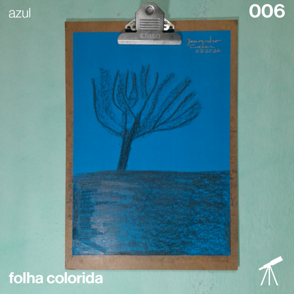 #FolhaAzul 006 - Paisagem de outono 1 Desenho de uma árvore em galhos feito em uma folha azul, representando uma paisagem de outono.