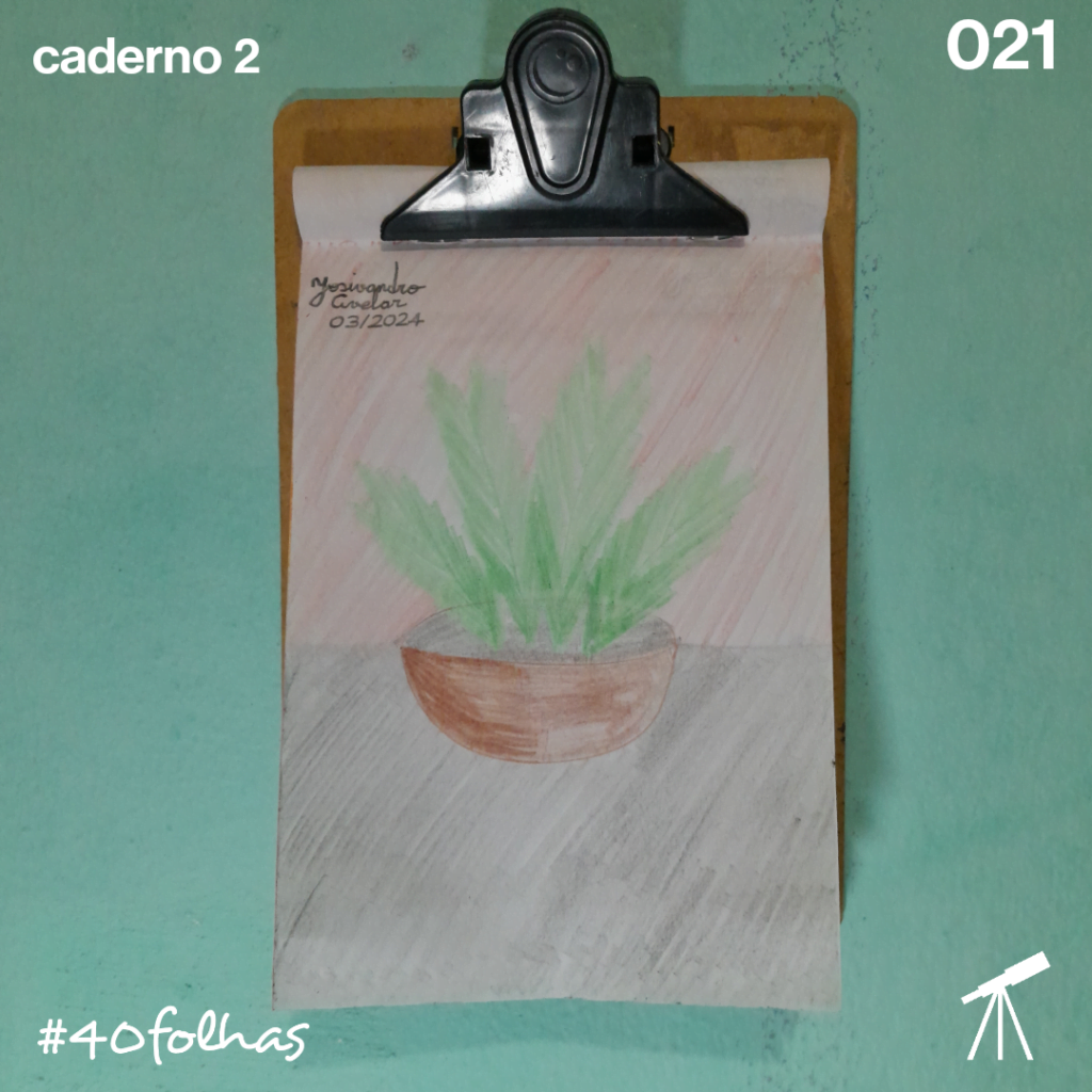 #40folhas caderno 2 - 021: Planta ornamental 1 Desenho de uma planta ornamental em um vaso disposto em uma mesa preta, atrás de uma parede vermelha. Cenário feito usando lápis de cor.