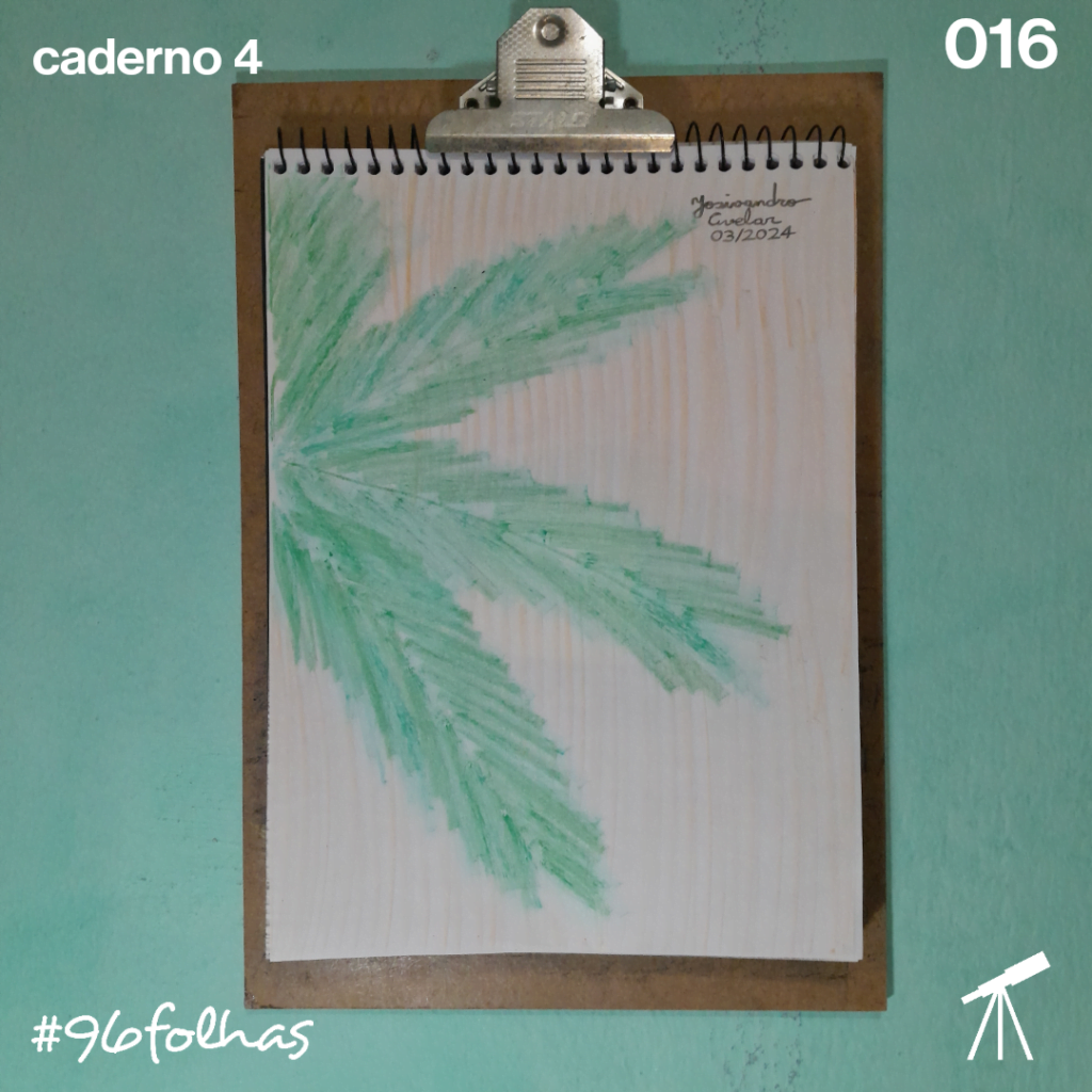 #96folhas caderno 4 - 016: Vista dos ramos 1 Desenho de ramos de palmeira sobre fundo de cor alaranjada, representando a vista dos ramos.