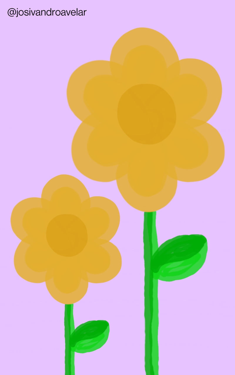 Desenho de duas flores amarelas sobre fundo roxo, em tons de cores suaves.