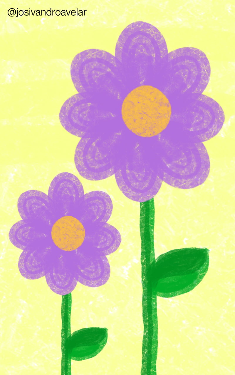 Artes digitais: onde os rabiscos nos levam 1 Desenho de duas flores de cor violeta, com talos verdes com folhas. As flores estão na frente de um fundo de cor amarelo claro, representando onde os rabiscos nos levam.