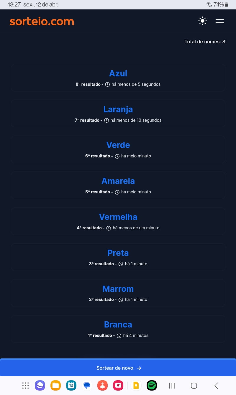 Luneta Sonora 133: Sorteio das cores da rodada 133 da #FolhaColorida 1 Print do sorteio das cores da rodada 133 da #FolhaColorida. com as cores branca, marrom, preta, vermelha, amarela, verde, laranja e azul.