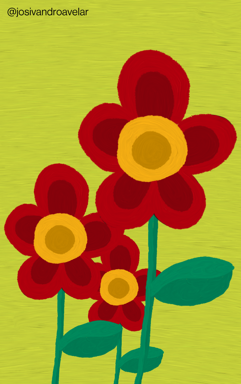 Artes digitais: flores em tela 1 Desenho de três flores de tamanhos diferentes sobre fundo verde, feitas com efeito de pincel, representando flores em tela.
