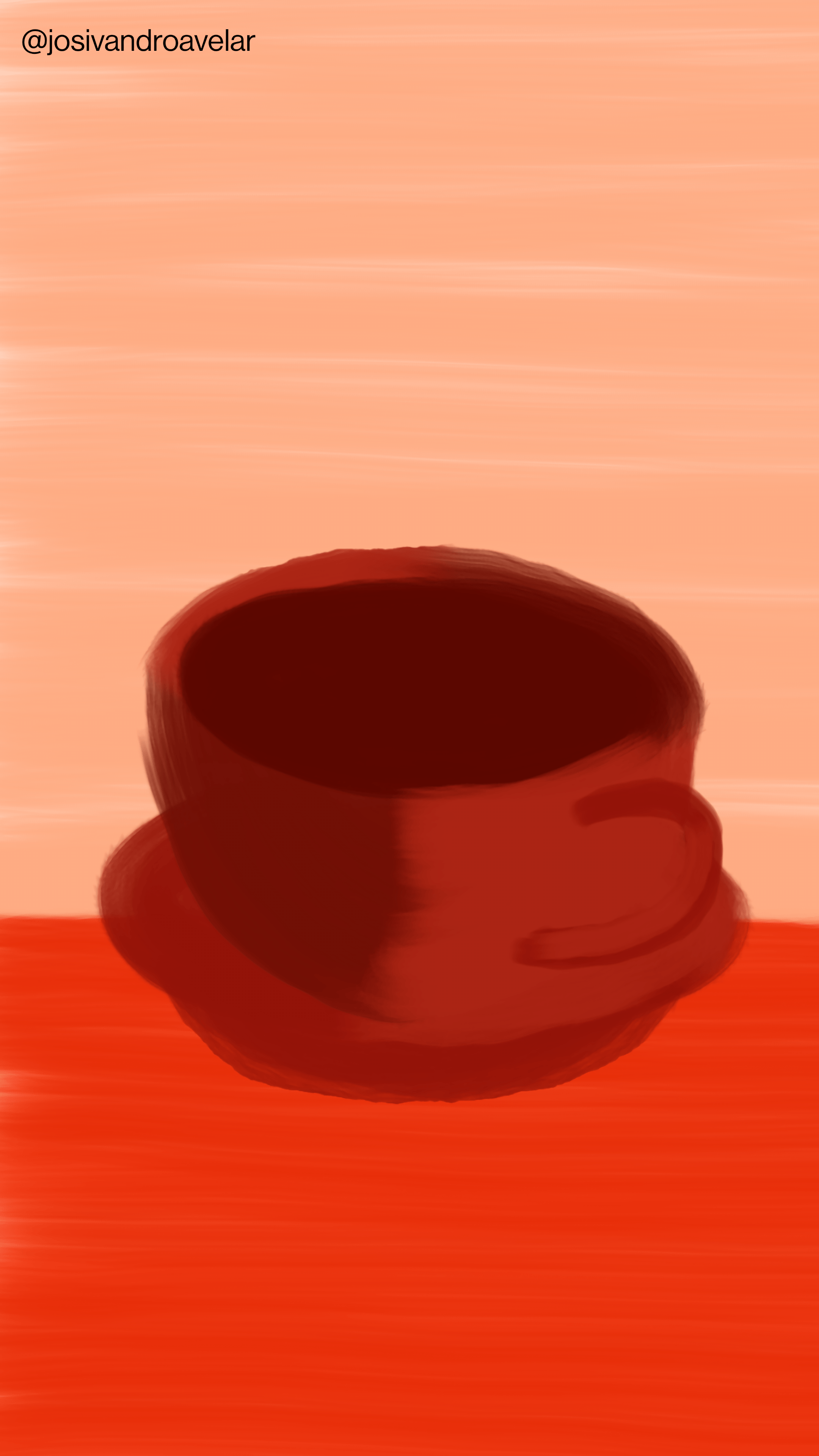 Artes digitais: café na mesa 1 Desenho de uma xícara de café na mesa alaranjada, tendo ao fundo uma parede de cor bege rosada.