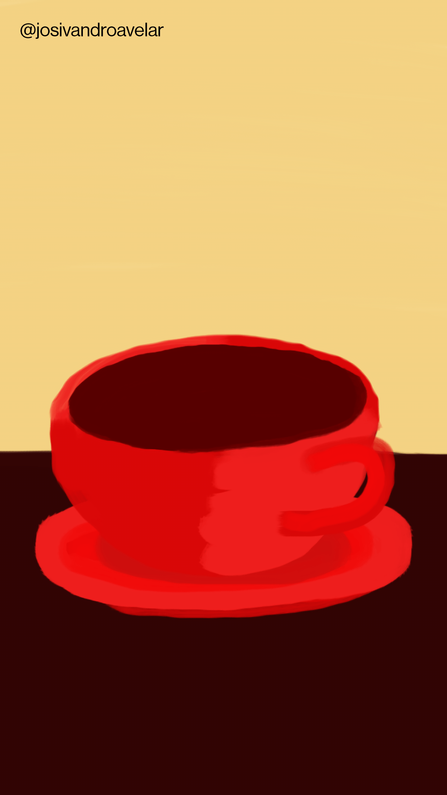 Artes digitais: café de terça, para servir na segunda 1 Desenho de uma xícara de café vermelho, em uma mesa marrom, tendo um fundo amarelo atrás, que eu fiz na terça para servir na segunda.