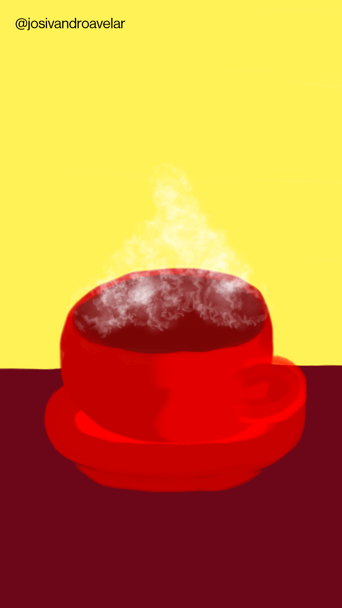 Artes digitais: café para as visitas 1 Desenho de uma xícara de café vermelha com fumaça saindo, sobre uma mesa marrom e uma parede amarela de fundo, representando o café para as visitas.