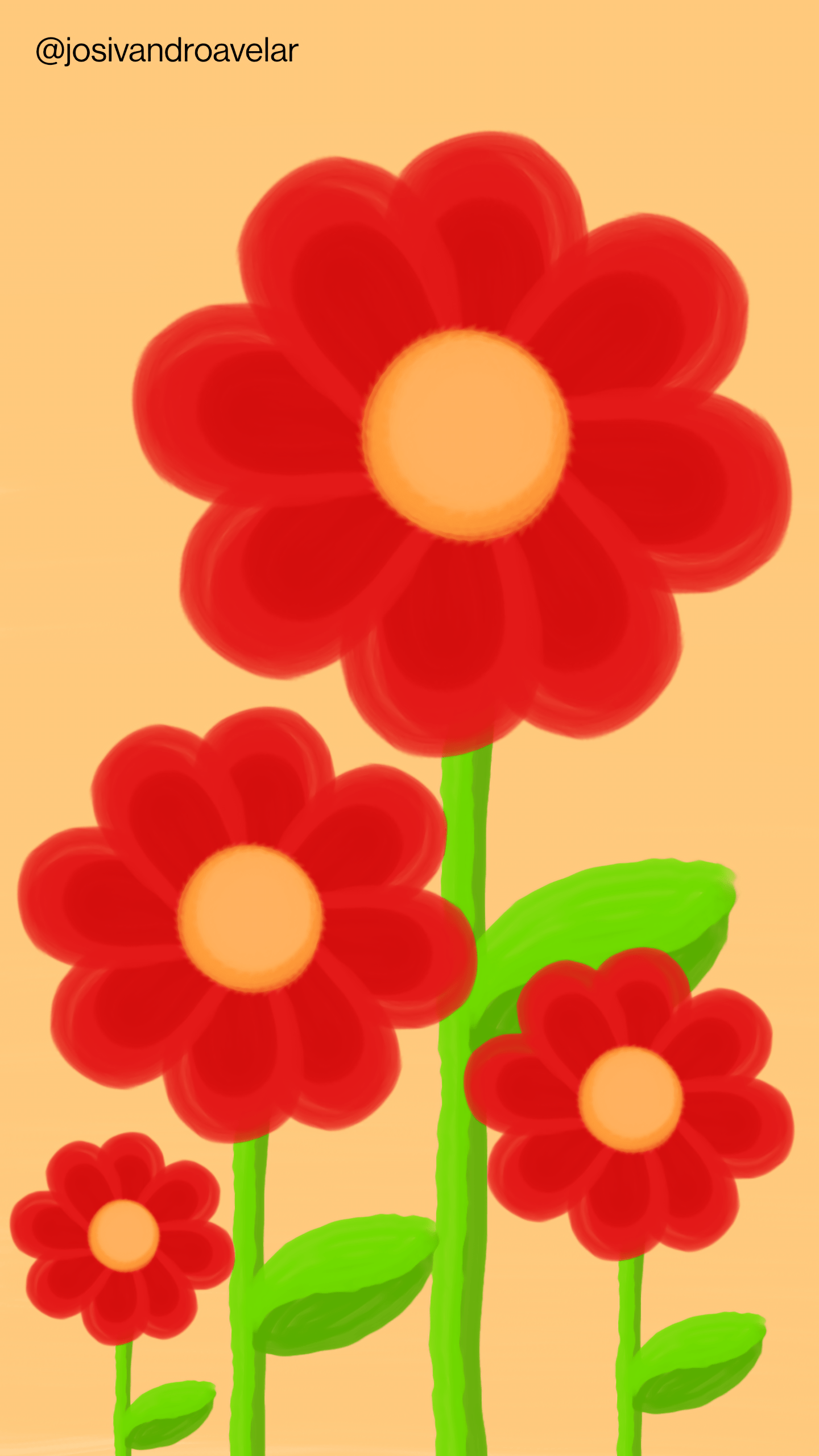 Artes digitais: flores fascinantes 1 Desenho de quatro flores vermelhas em fundo em tom alaranjado. São as flores fascinantes.