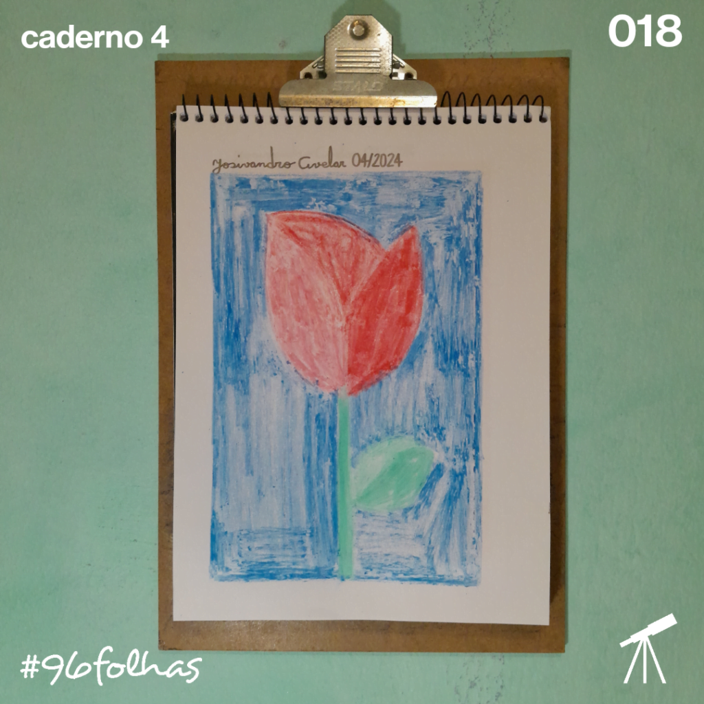#96folhas caderno 4 - 018: Gravura de uma rosa 1 Desenho de uma rosa sobre um fundo azul e borda branca, no estilo de gravura.