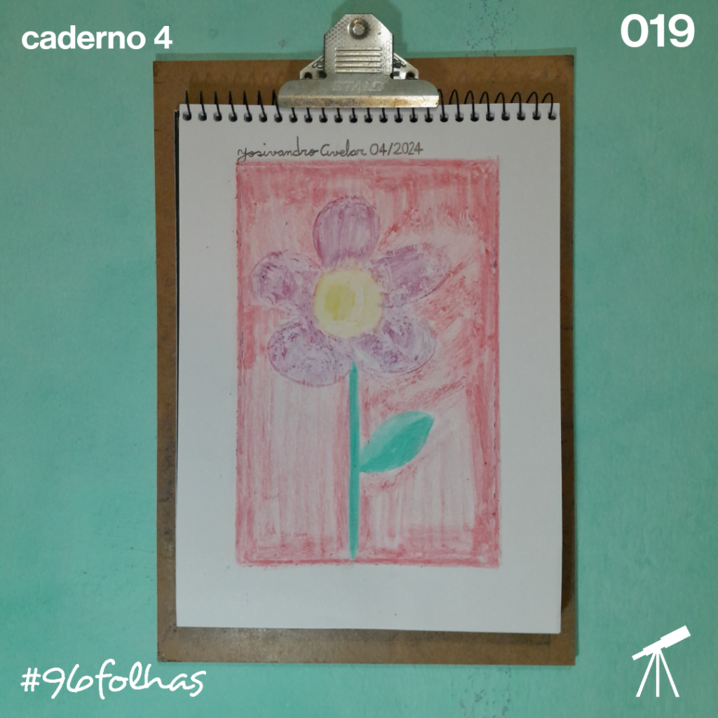#96folhas caderno 4 - 019: Gravura de uma flor 1 Desenho de uma flor violeta sob fundo em tom avermelhado, lembrando uma gravura, a gravura de uma flor.