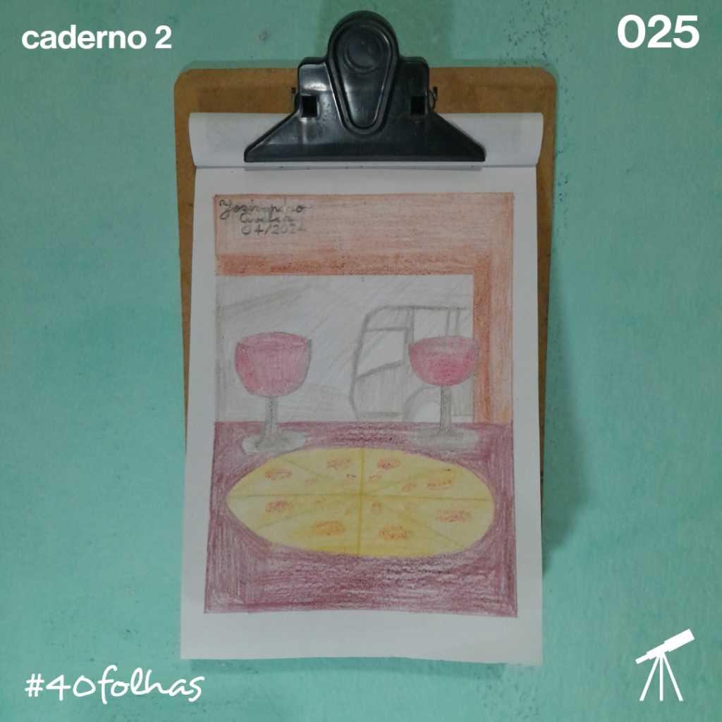 #40folhas caderno 2 - 025: Noite de pizza 1 Desenho de uma mesa com uma pizza e duas taças de bebida, tendo ao fundo uma janela com o movimento de carros, representando uma noite de pizza.
