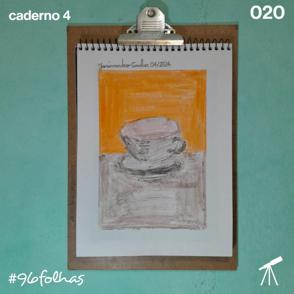 #96folhas caderno 4 - 020: Hora do café 1 Desenho de uma xícara de café em um tom de marrom sobre uma mesa com outro tom de marrom e fundo laranja. É hora do café!