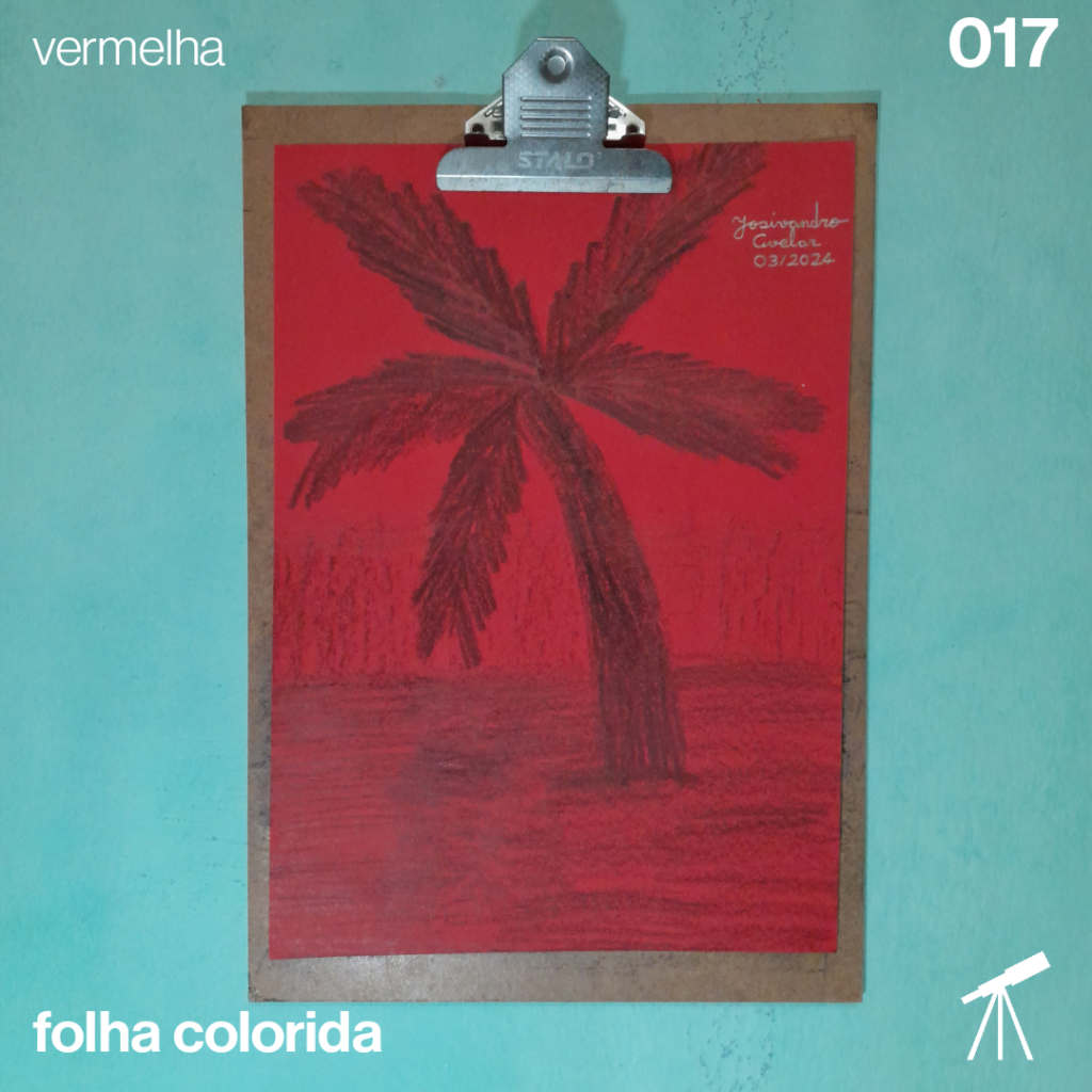 #FolhaVermelha 017 - Cenário tropical 1 Desenho de um coqueiro, tendo como fundo a representação de areia e mar que compõe uma praia, com todos os elementos formando um cenário tropical.