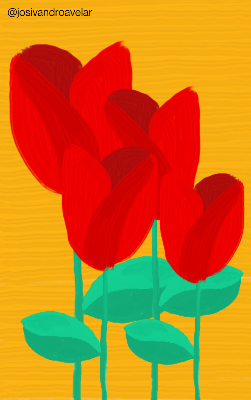 Artes digitais: todas as rosas 1 Desenho de quatro rosas vermelhas sob fundo laranja, representando todas as rosas.