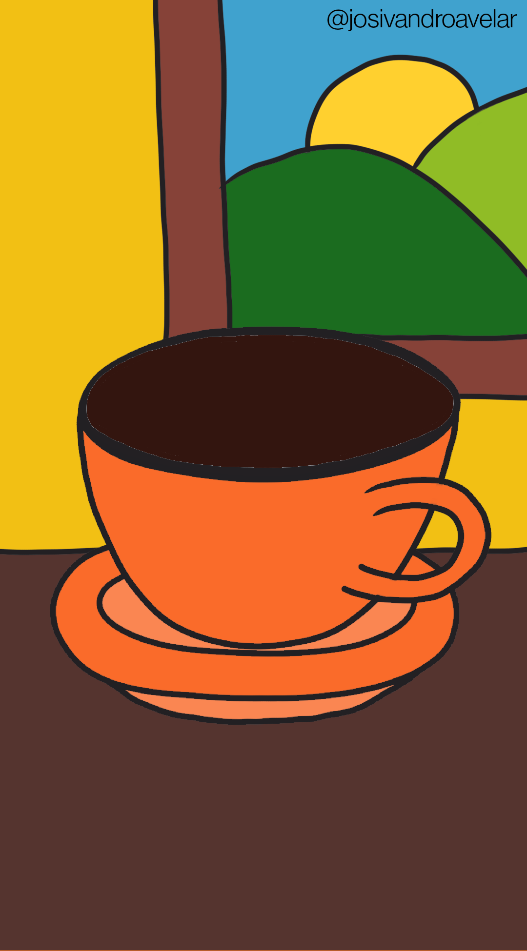 Artes digitais: que tal um café quente? 1 Desenho de uma xícara de café alaranjada sobre uma mesa marrom, tendo atrás uma parede amarela com uma janela mostrando montanhas verdes e Sol em um céu azul.
