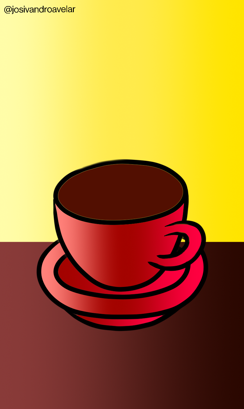 Artes digitais: tradição de um bom café 1 Desenho de uma xícara de café de cor vermelha em degradê, sobre uma mesa de cor marrom, ao fundo de uma parede amarela em degradê, representando a tradição de um bom café.