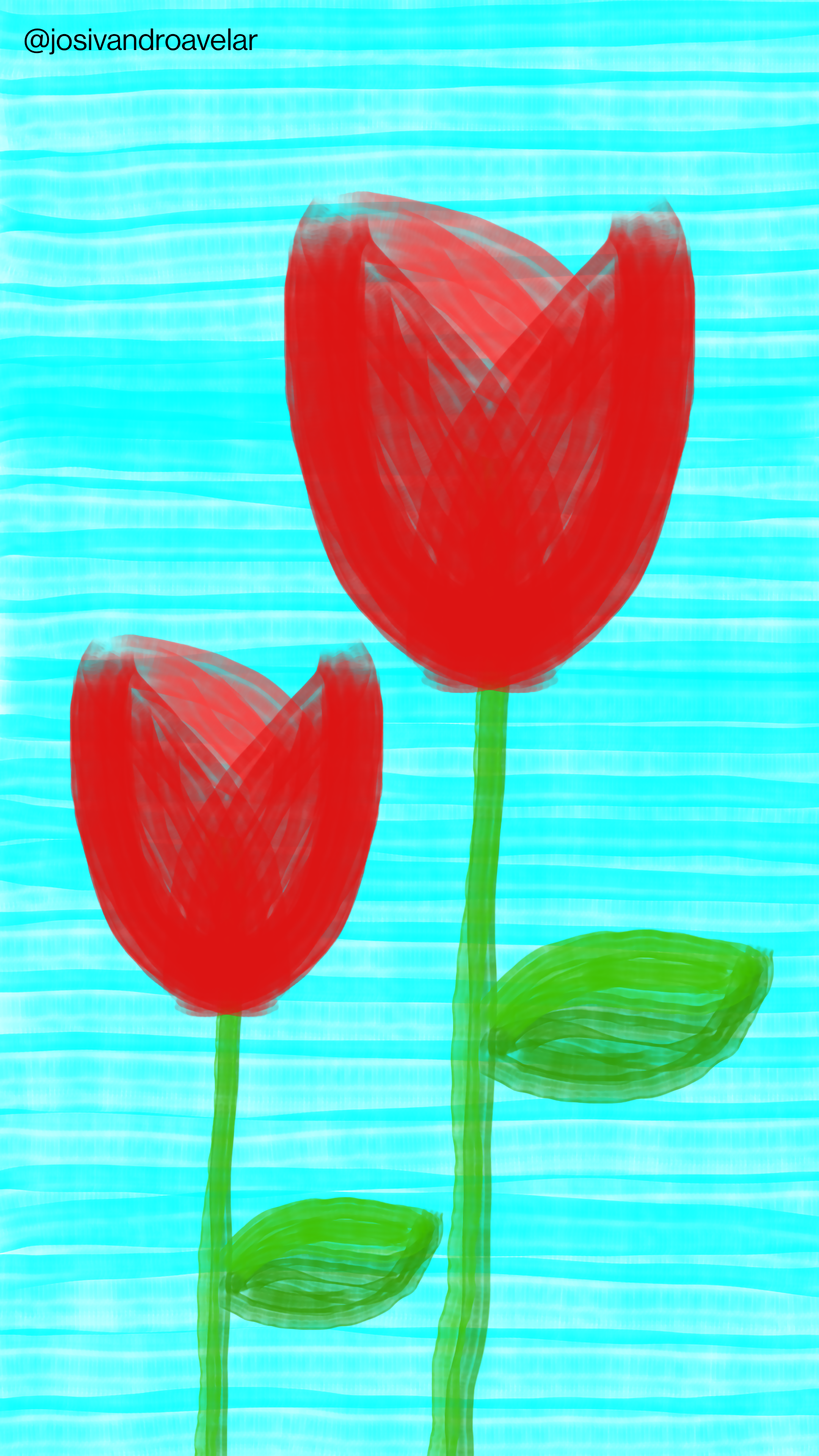 Artes digitais: rosas pinceladas 1 Duas rosas pinceladas de cor vermelha sobre fundo azul.
