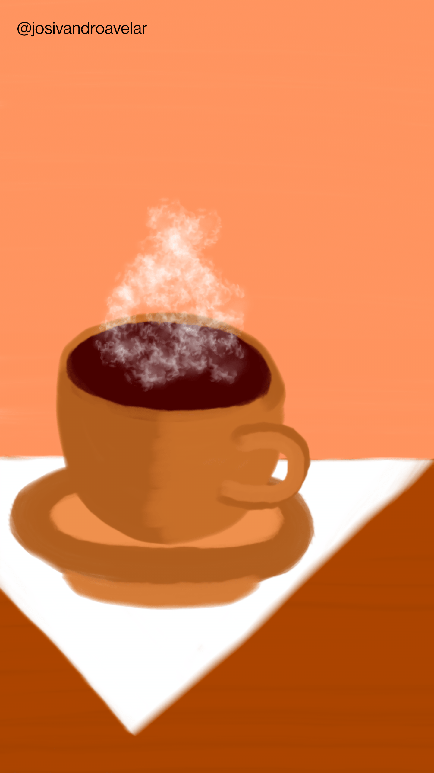 Artes digitais: o café está servido 1 O café está servido em uma xícara de tons de cerâmica, sobre uma mesa marrom com uma toalha branca, tendo ao fundo uma parede de cor marrom alaranjada.