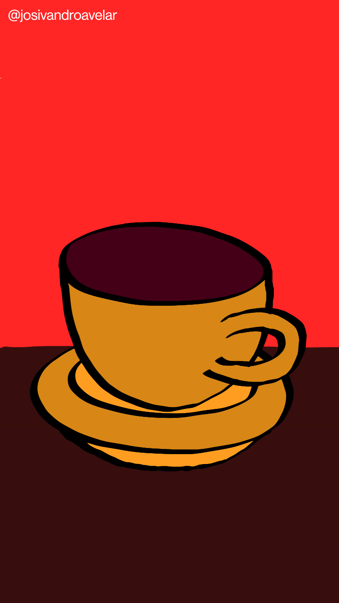 Artes digitais: uma xícara de café 1 Desenho de uma xícara de café em tom de amarelo ocre, em cima de uma mesa de tom marrom amadeirada escura, sobre um fundo vermelho.