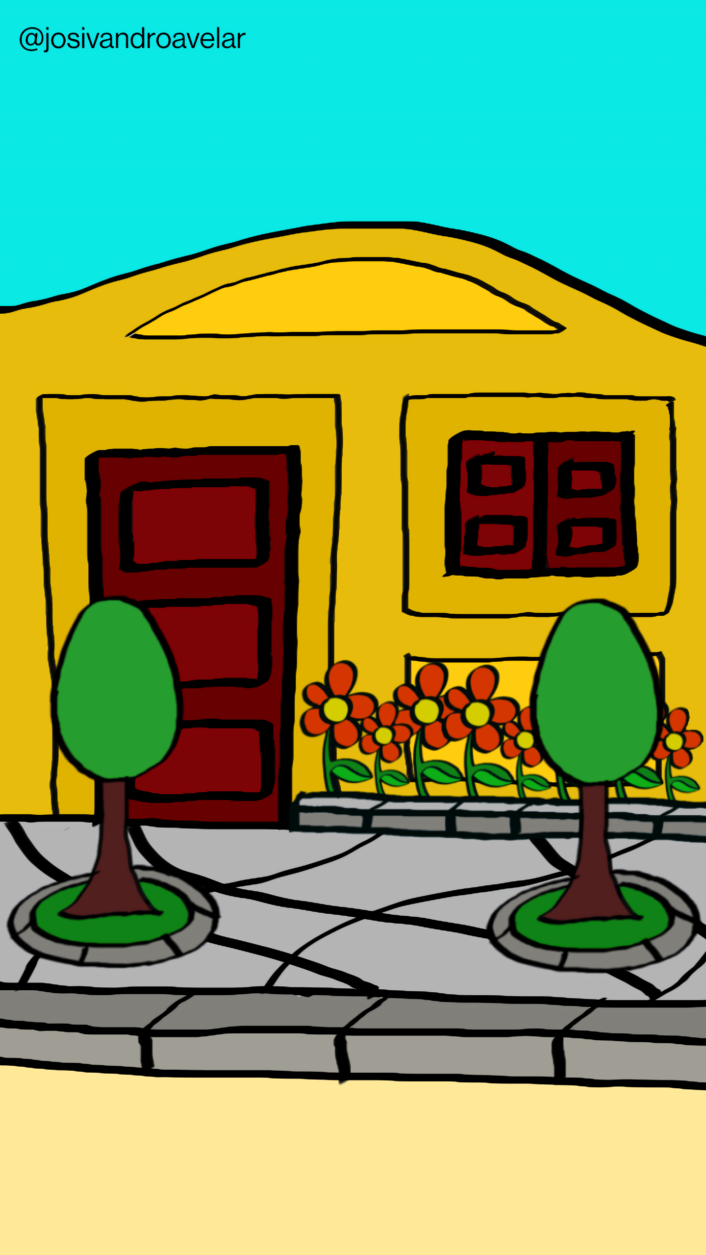Artes digitais: (re)construir 1 Desenho de uma casa estilo clássica de cor amarela, com porta e janela de cor marrom, com um canteiro de flores abaixo da janela, e duas árvores em cada lado da calçada de pedras.
