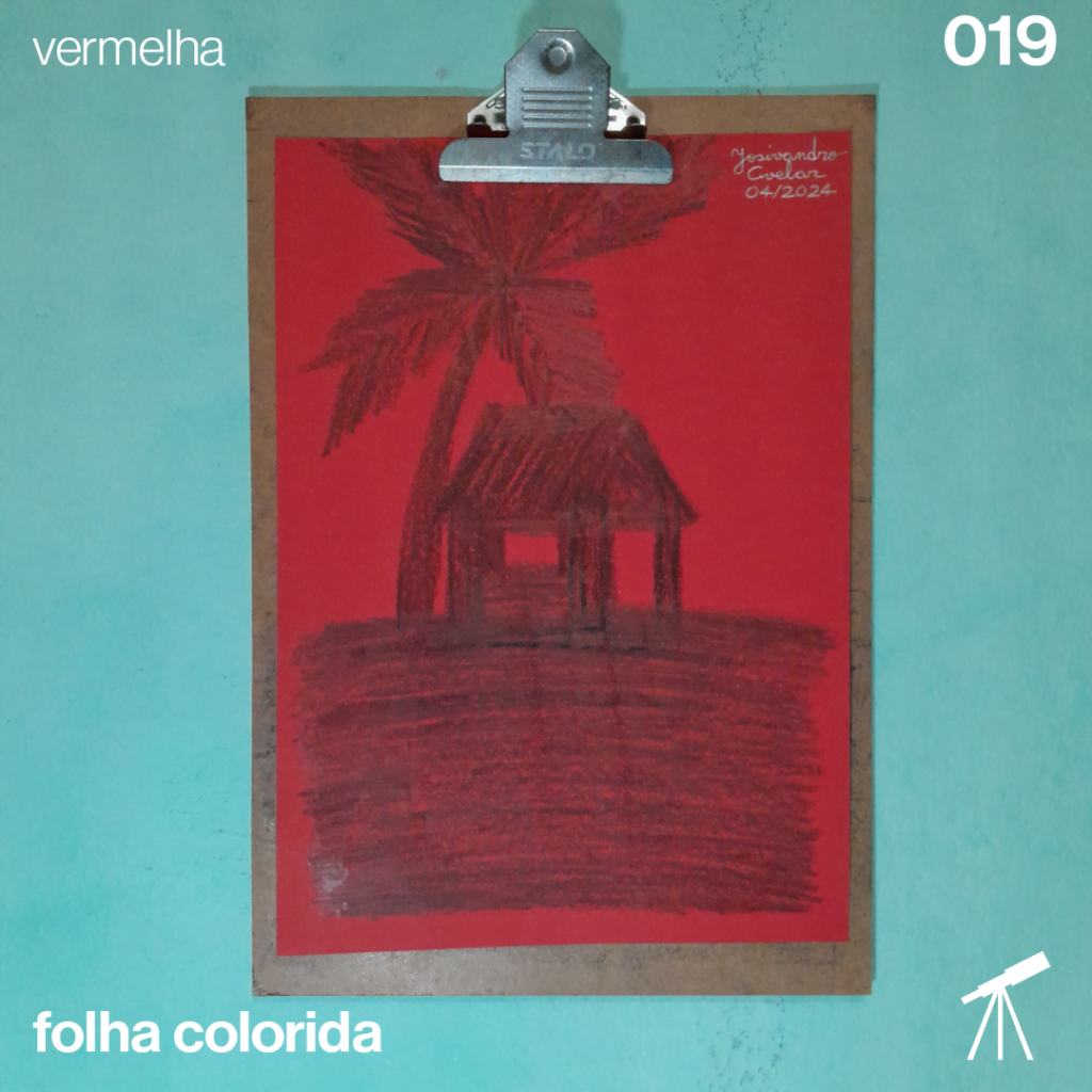 #FolhaVermelha 019 - Meu lar, onde eu estiver 1 Desenho de uma casa tendo um coqueiro atrás, feito com giz de cera preto em uma folha de cor vermelha. Representa o meu lar, que está onde eu estiver.