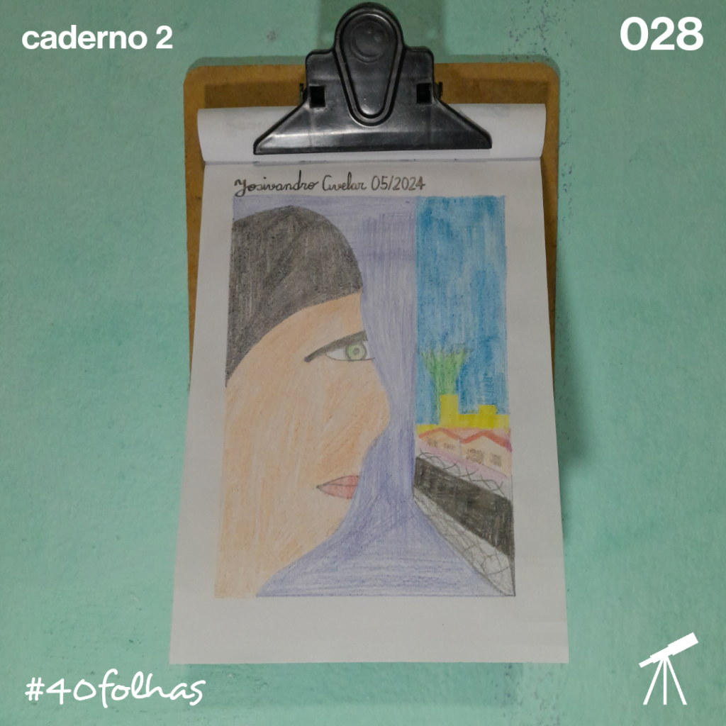 #40folhas caderno 2 - 028: Mira no futuro 1 Uma menina de cabelos pretos mira na janela onde enxerga prédios, casas e caixa d'água. Ela mira no futuro.