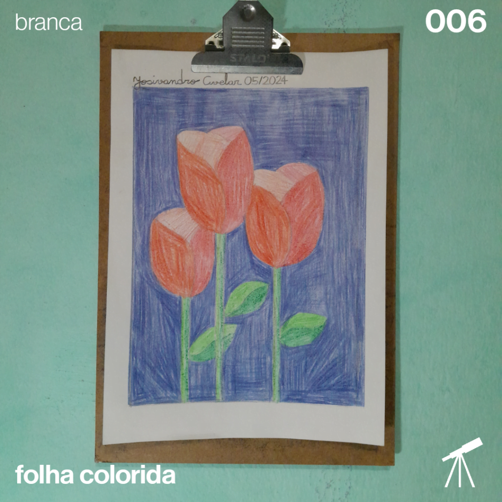 #FolhaBranca 006 - Flores para as mães 1 Desenho de três rosas vermelhas sob fundo azul, feita em uma folha branca, representando flores para as mães.