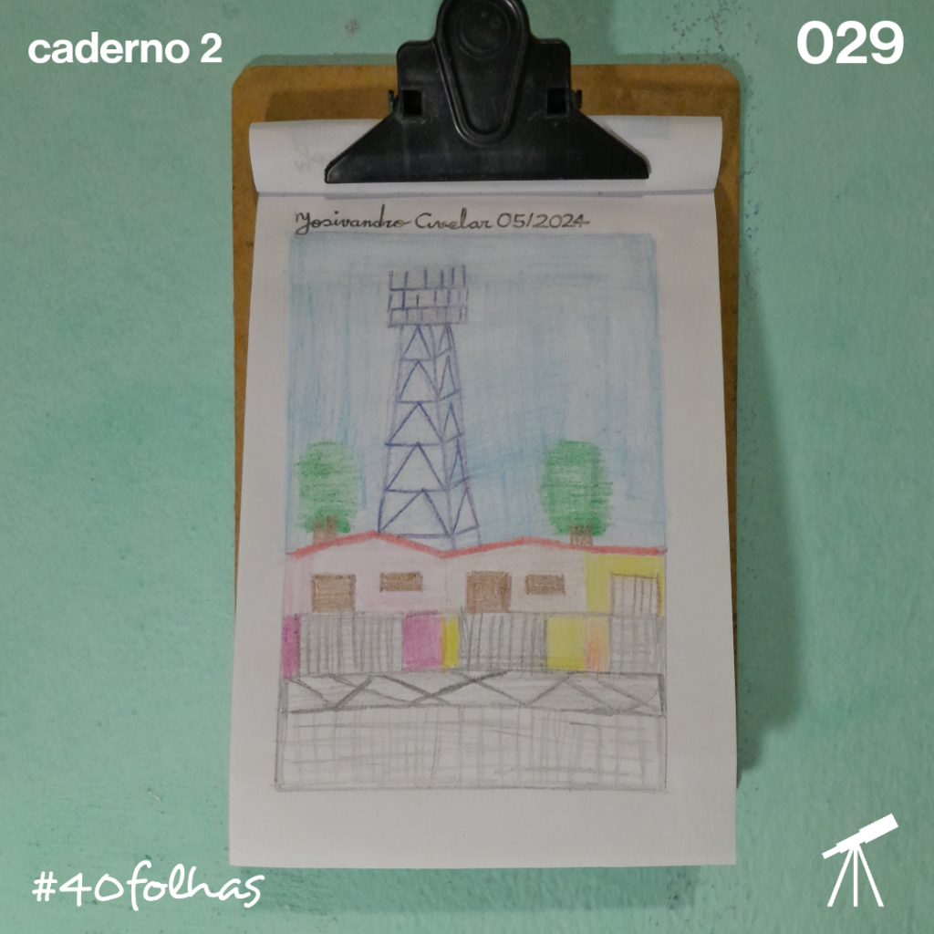 #40folhas caderno 2 - 029: A imponente de metal 1 Desenho de uma rua com casas, árvores e uma torre de iluminação, a imponente de metal.