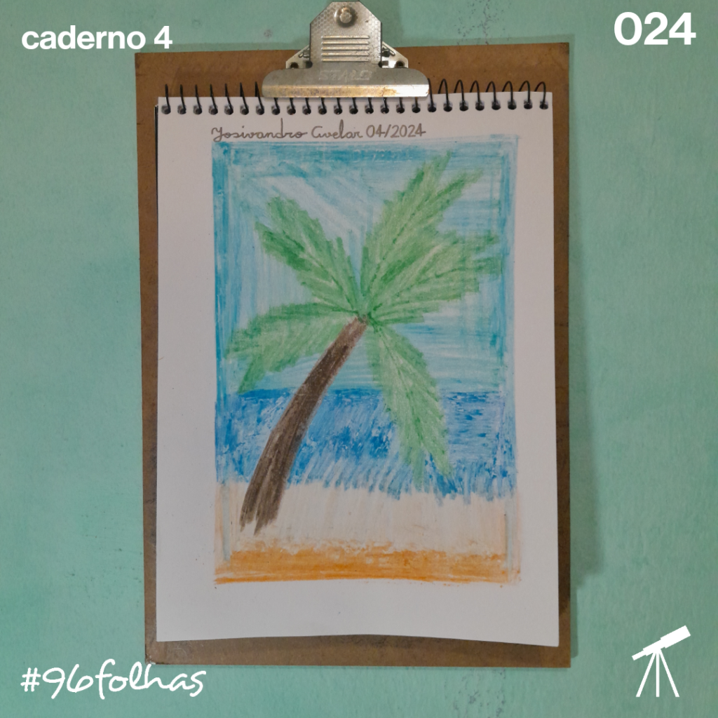#96folhas caderno 4 - 024: Tropical 1 Desenho de um coqueiro na praia, representando uma paisagem tropical.