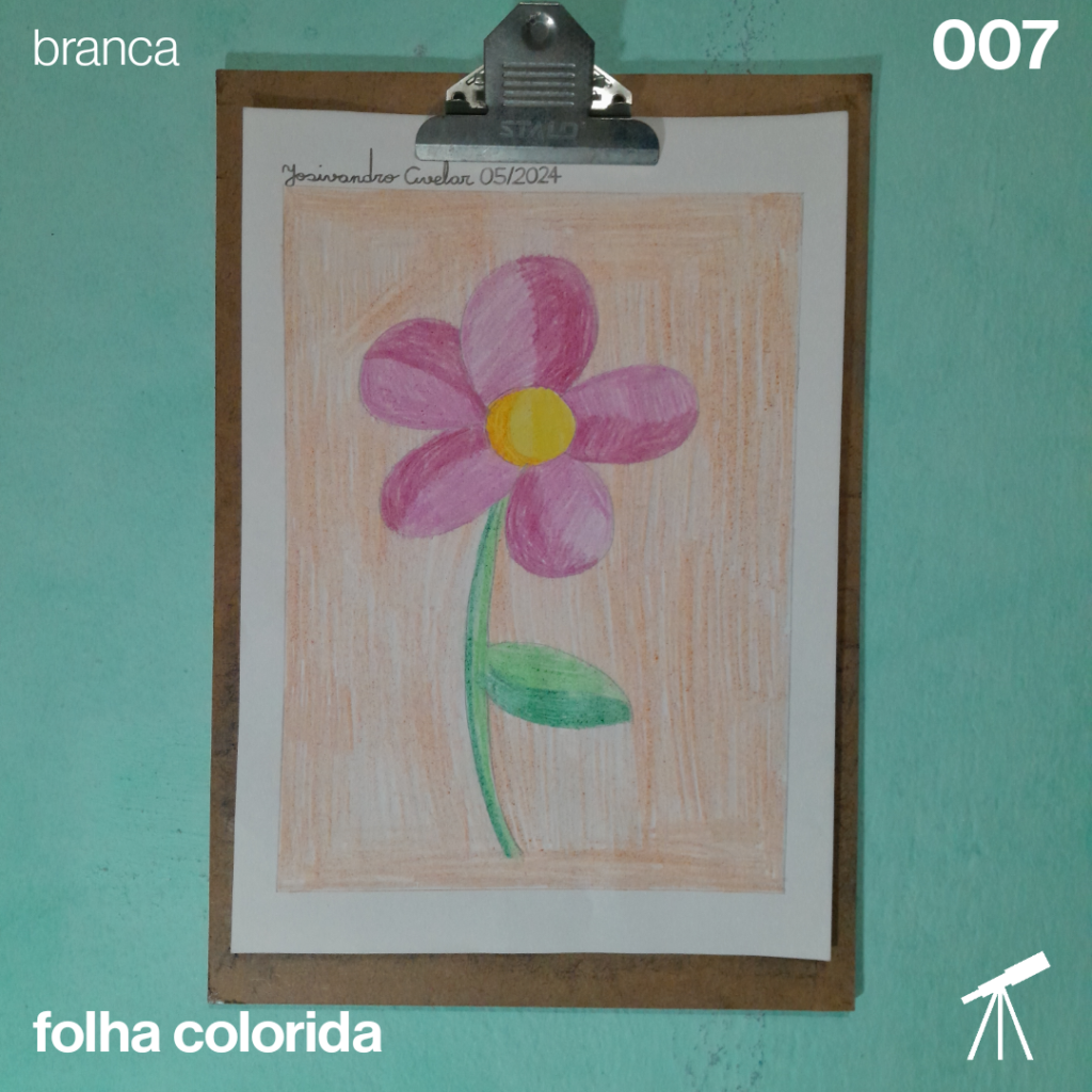 #FolhaBranca 007 - Flor por onde for 1 Flor por onde for, uma flor lilás sobre fundo alaranjado, desenhado em uma folha branca.