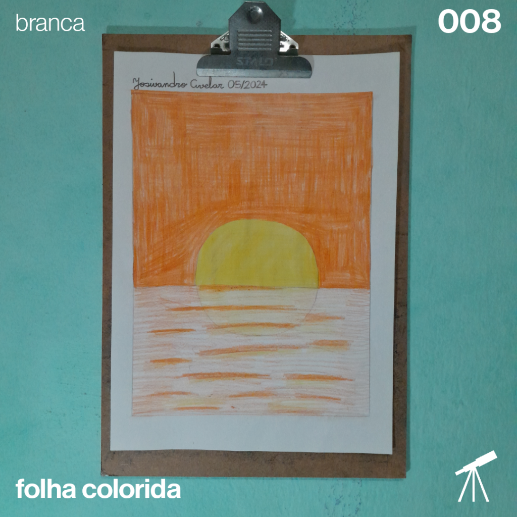 Desenho de um nascer do Sol, com reflexo no mar, feito em uma folha branca, representando o Sol que nasce para todos.