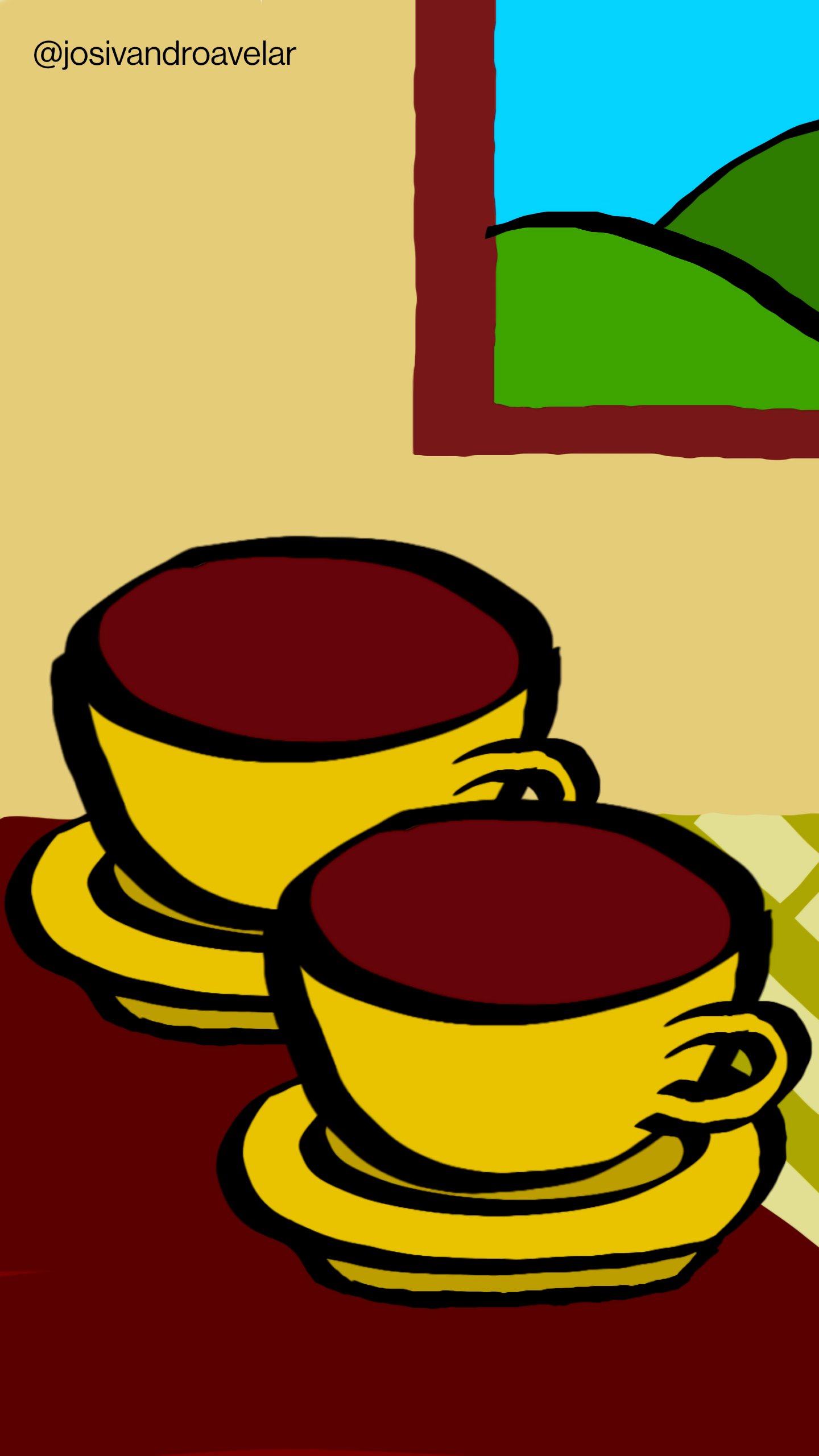 Artes digitais: segunda-feira: este é o meu Dia do Café 1 Este é o meu Dia do Café. E hoje eu trago duas xícaras com tons amarelados, sobre uma mesa com uma toalha listrada em branco e amarelo, com uma paisagem ao fundo na janela.