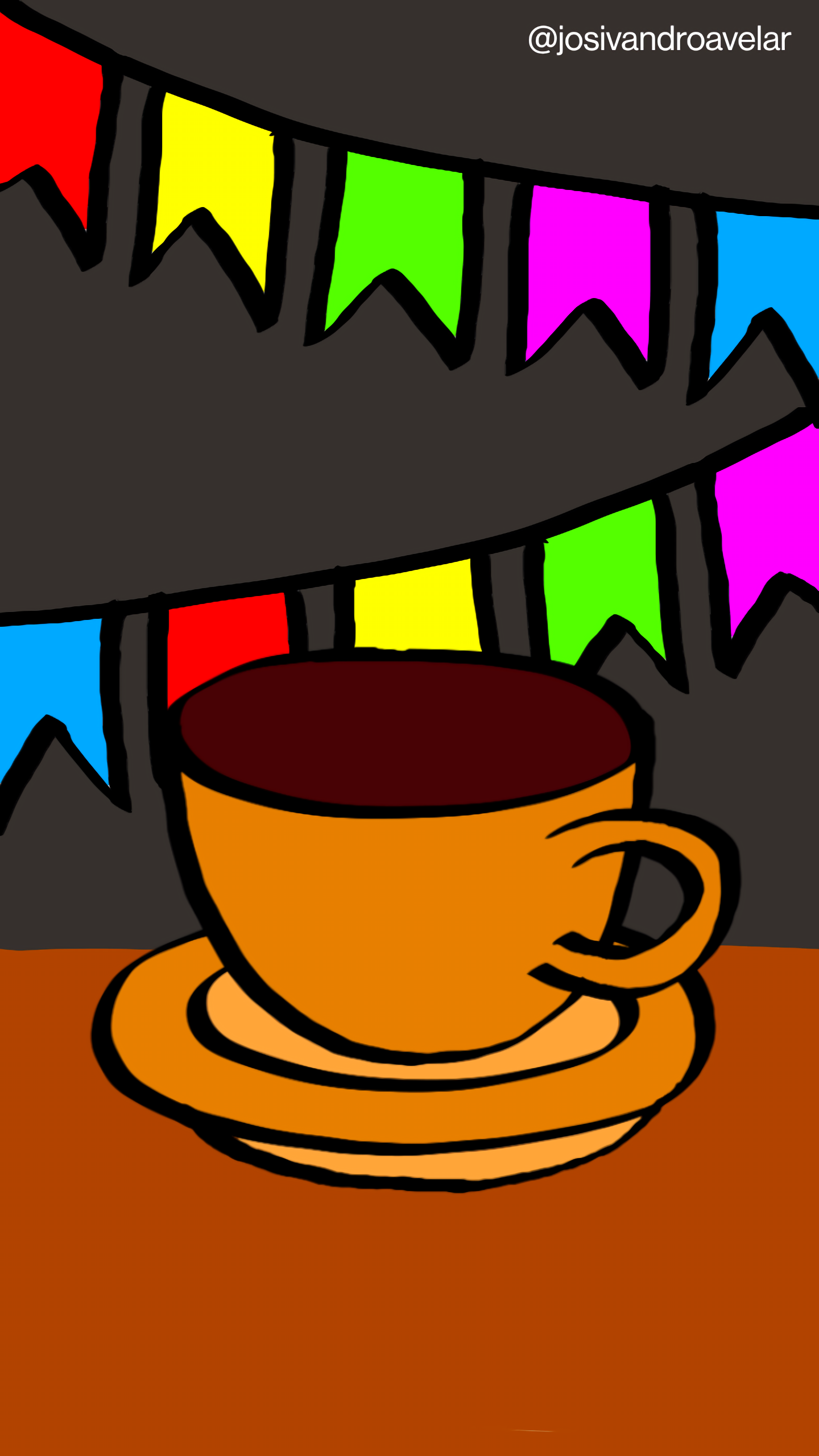 Artes digitais: café junino 1 Desenho de uma xícara de café de cor bege, sobre uma mesa de madeira, tendo atrás um fundo com bandeirolas de São João de noite. É o café junino.