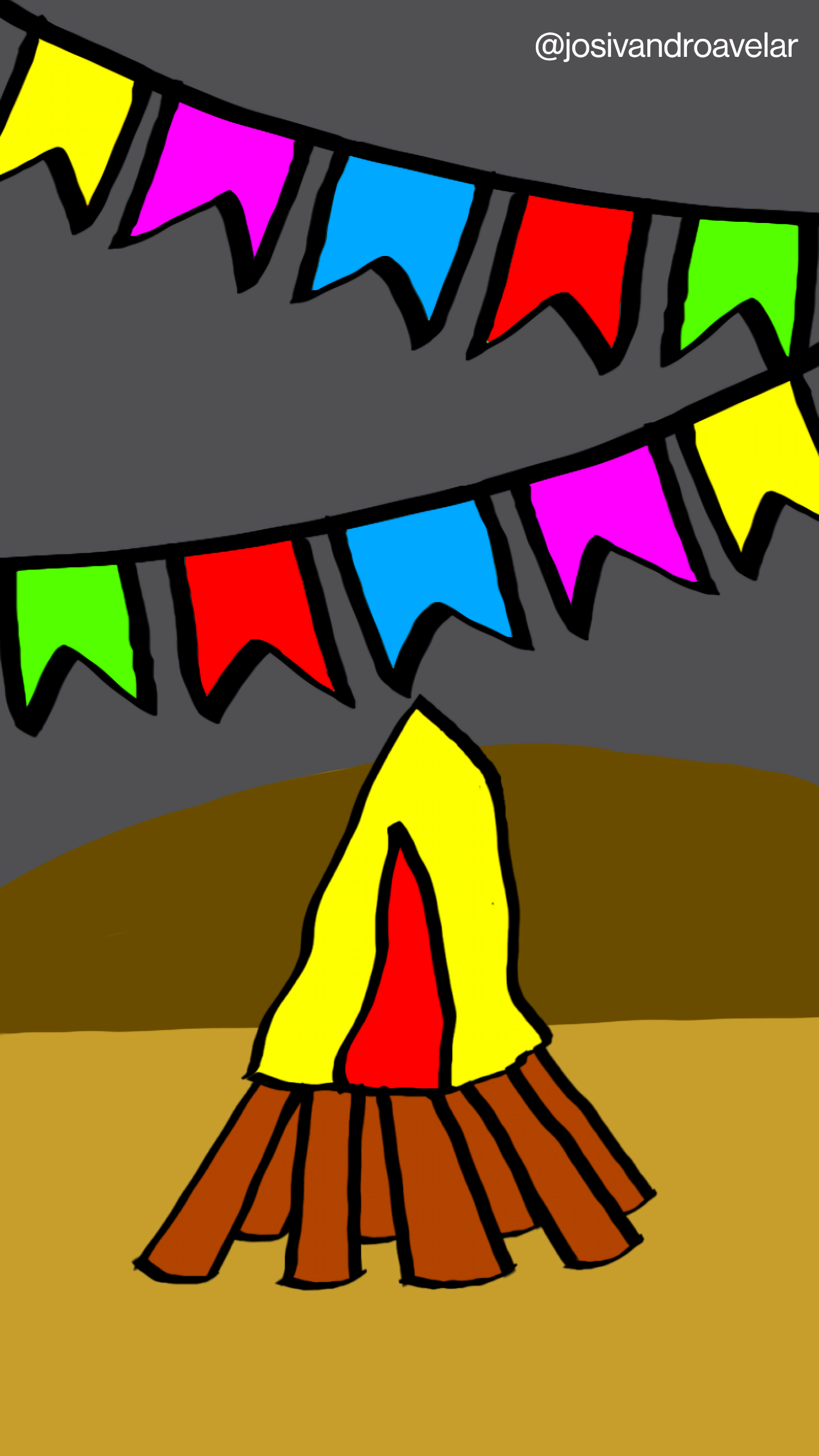 Artes digitais: à luz da fogueira 1 À luz da fogueira, tendo como cenário uma paisagem serrana à noite, com bandeirinhas coloridas para ornamentar o arraial.