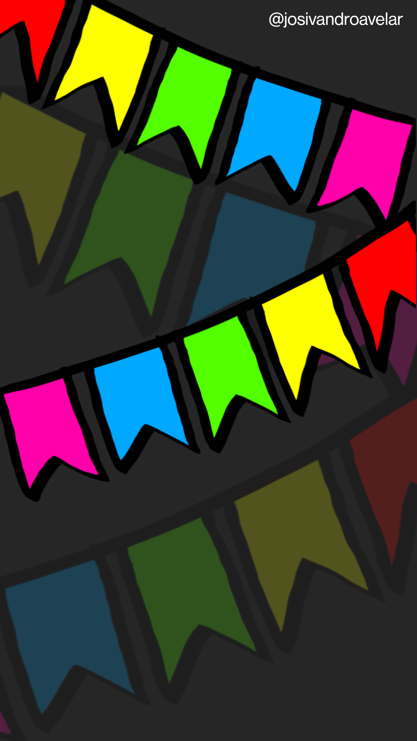 Artes digitais: colorido das bandeiras 1 O colorido das bandeiras em magenta, azul, verde, amarelo e vermelho sobre um fundo preto representando a noite de São João. Bandeiras por todos os lados.