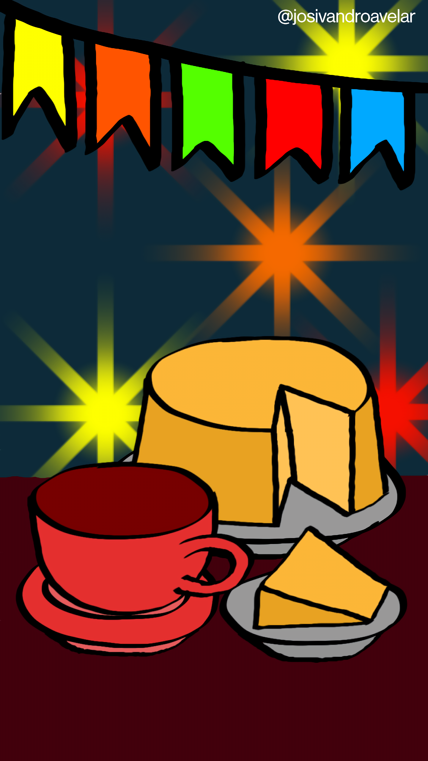 Bora desenhar? #032 1 Café e cuscuz sobre um cenário de São João. Uma xícara de café vermelha, com uma fatia de cuscuz cortada e servida.