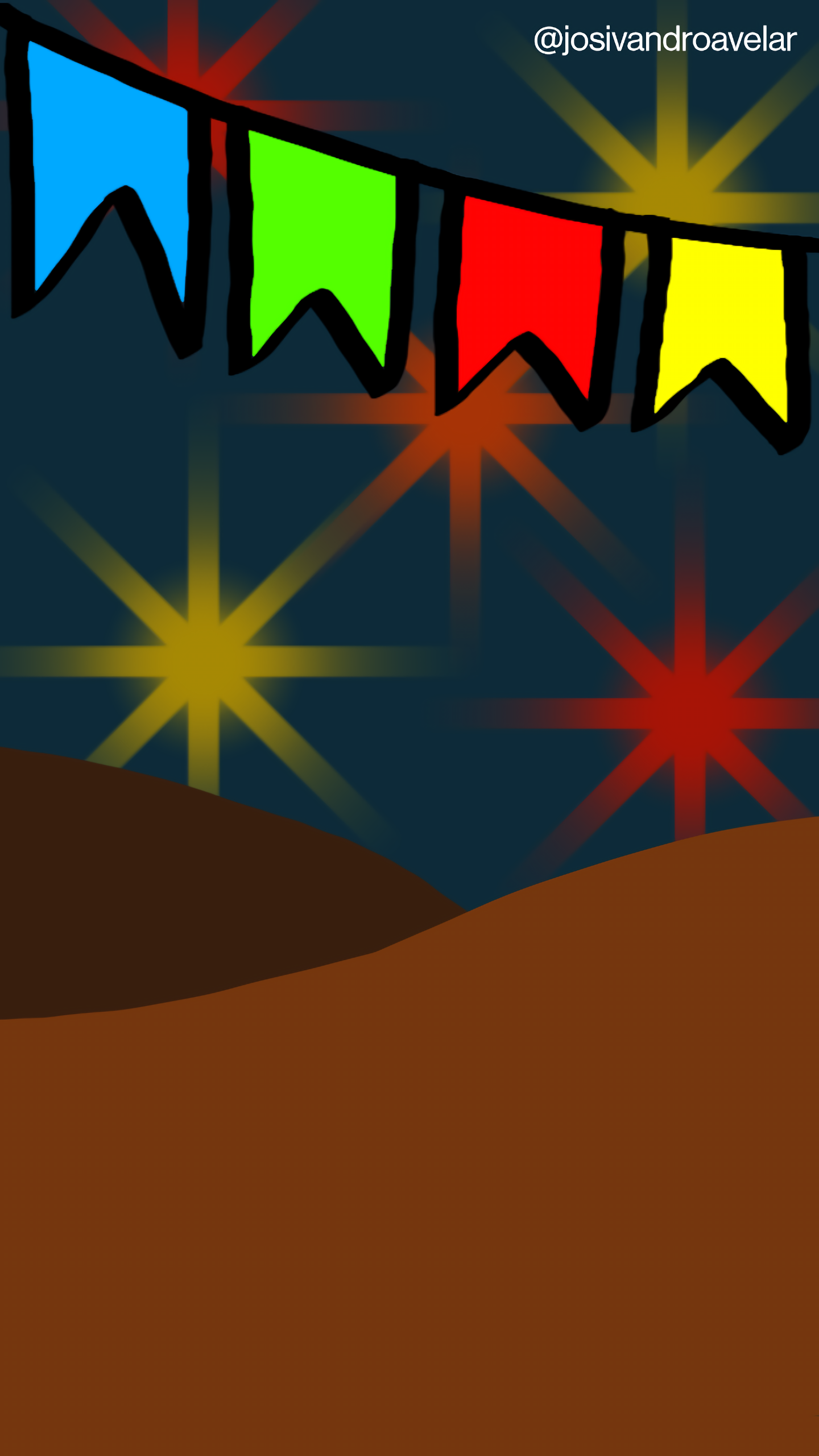 Artes digitais: as cores de junho 1 Bandeirolas de cor azul, verde, amarela, vermelha e brilho de fogos de artifício no horizonte da serra. É o colorido junino do desenho de número 300 que eu fiz no Ibis Paint.