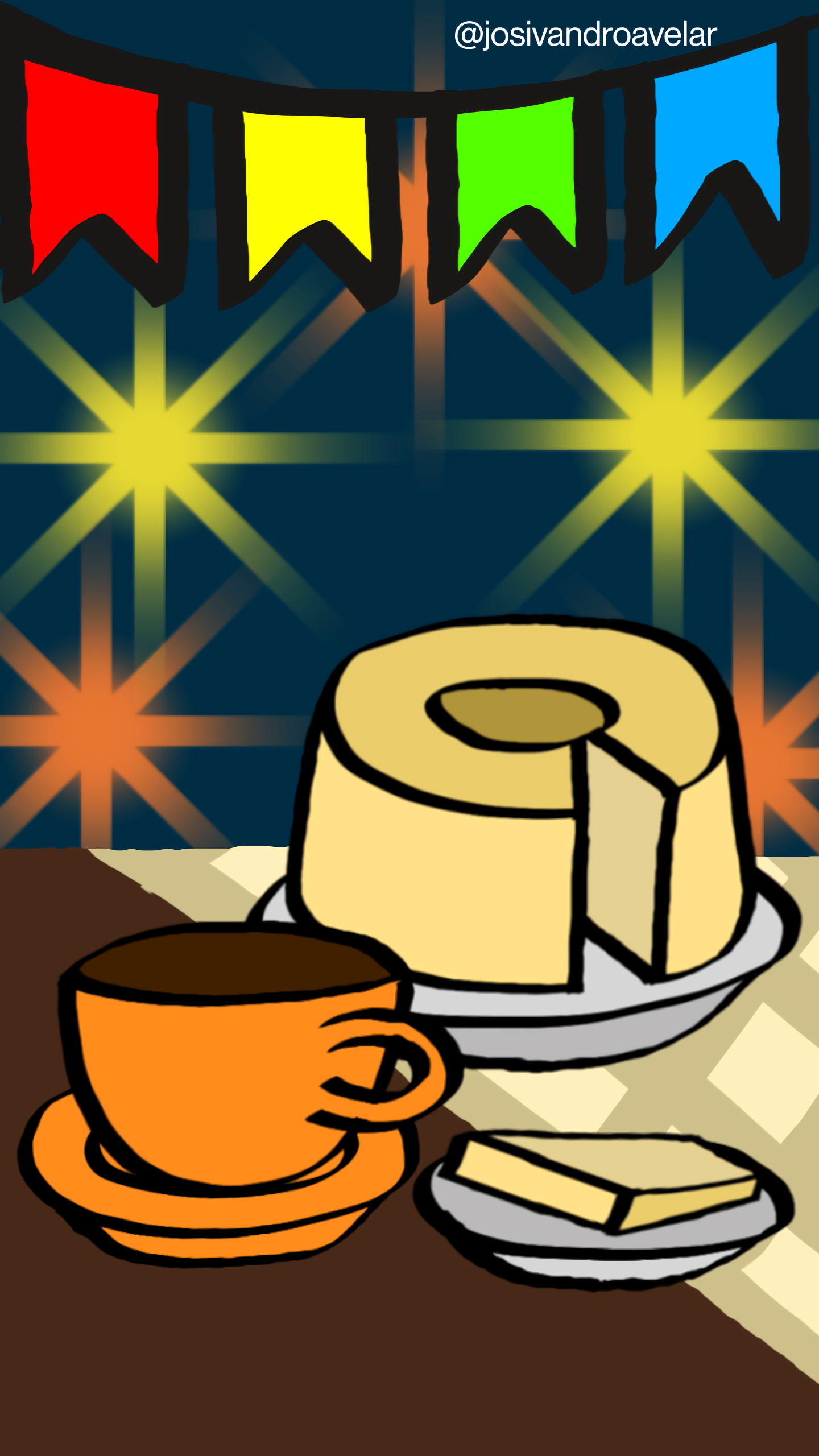 Bora desenhar? #091 1 Café e bolo de milho em um cenário junino com bandeirolas de cores vermelha, amarela, verde e azul, além de fogos de artificio.