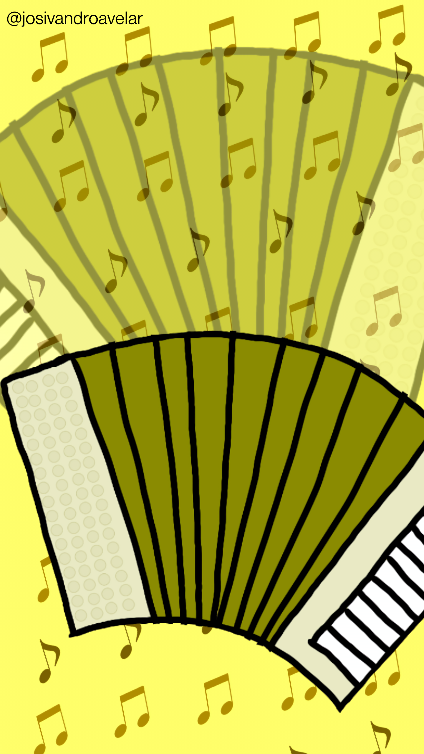 Bora desenhar? #090 1 Sanfona dourada, notas musicais, fundo amarelo, no ritmo da festa.