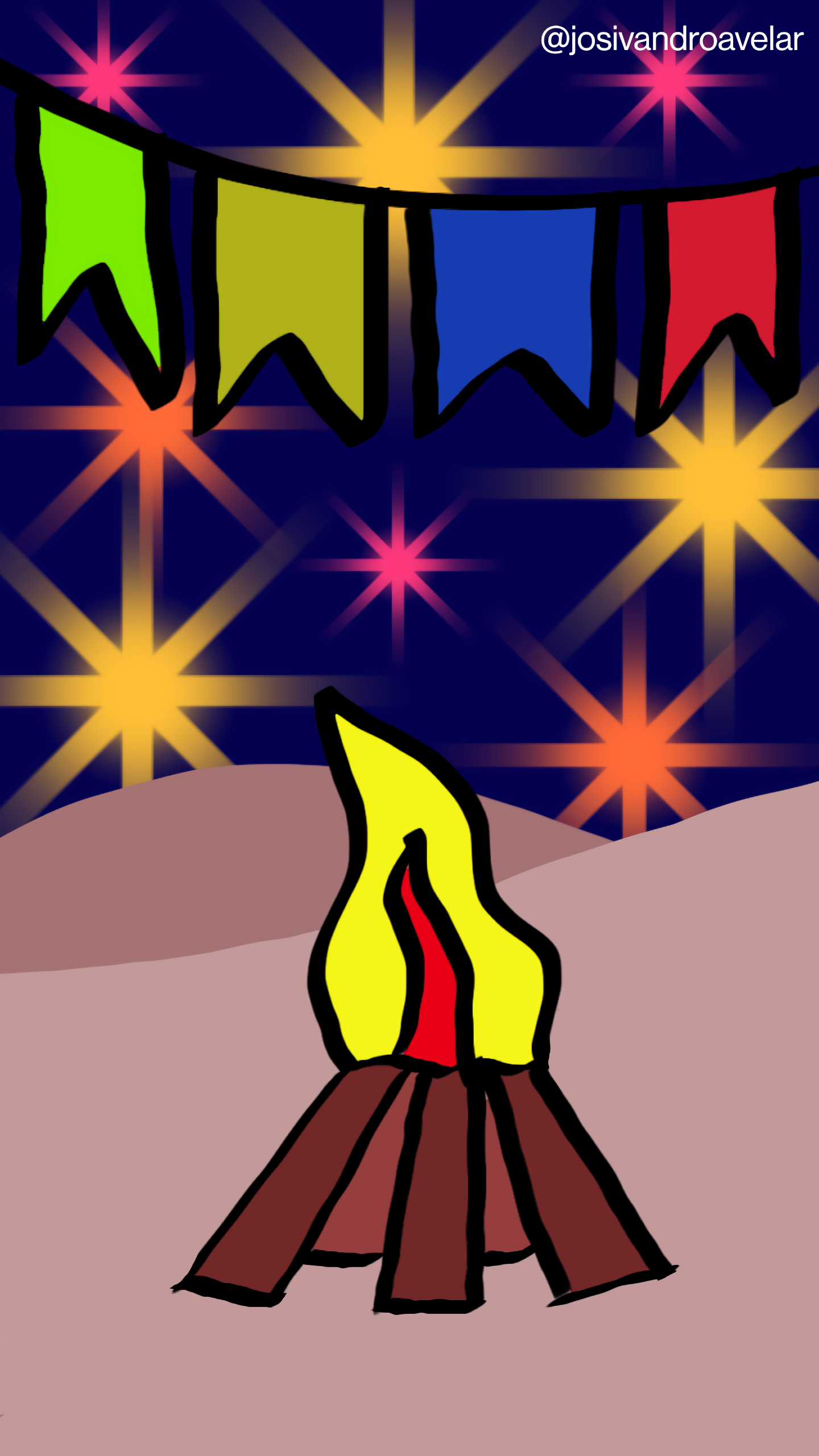 Bora desenhar? #033 1 É noite de São João na serra, com fogueira, bandeirinhas e fogos de artificio.