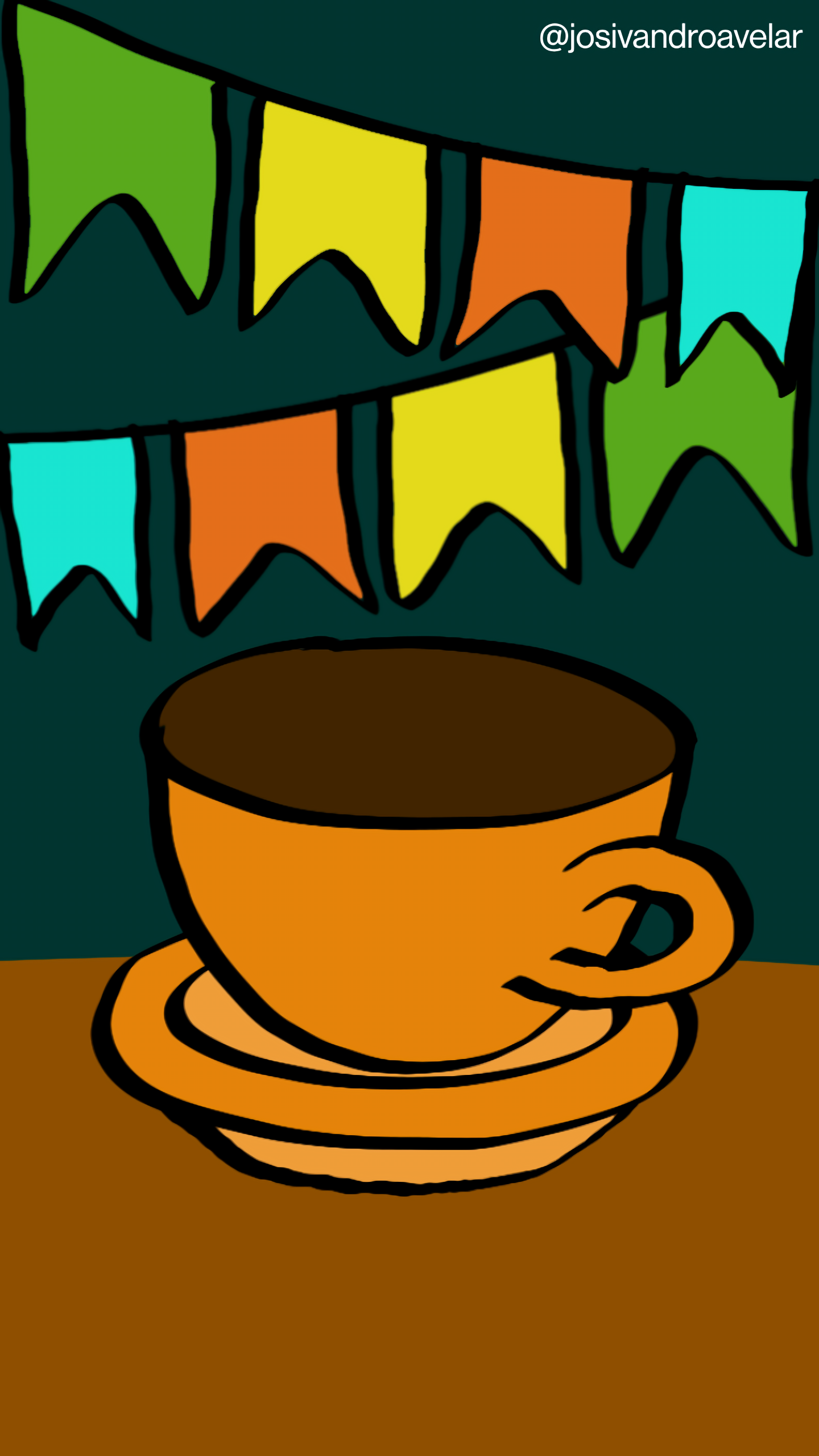 Bora desenhar? #093 1 Café de São João em cima da mesa, bandeirolas ao fundo. Hora de recarregar as energias!