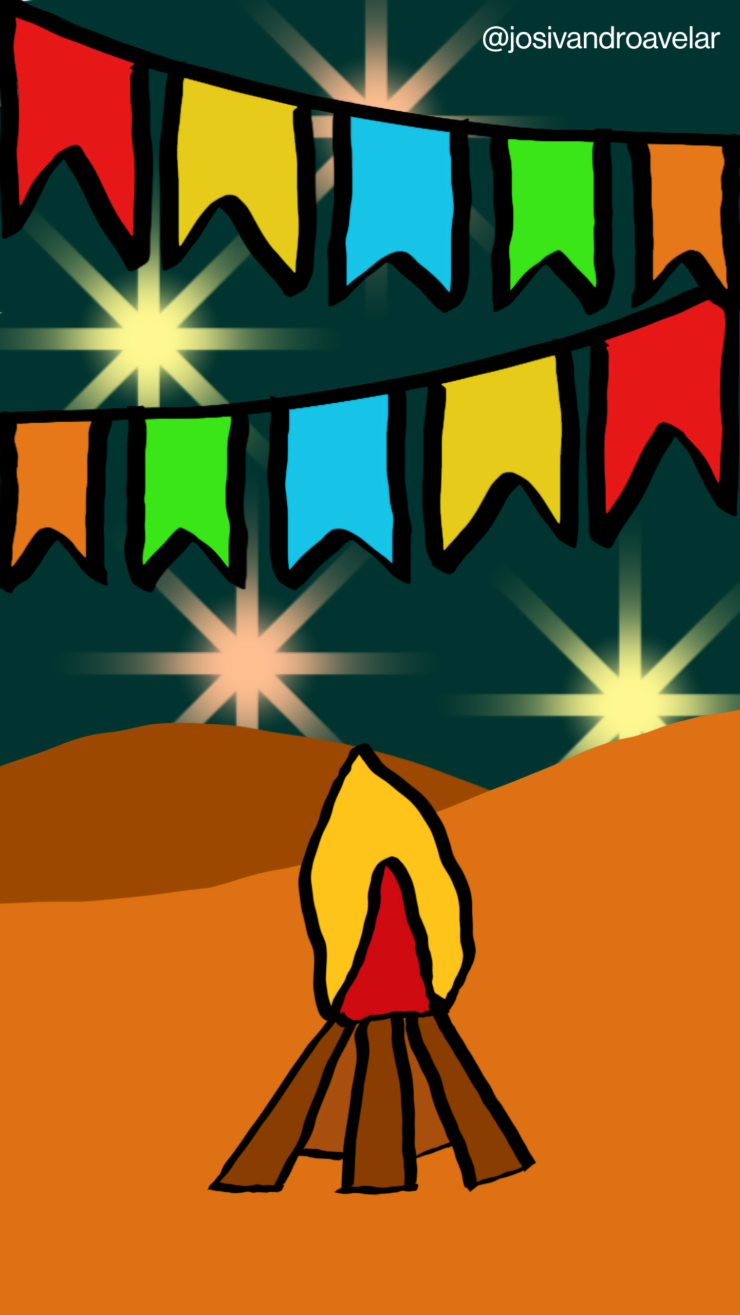 Fogueira, bandeirolas, fogos de artificio, cenário de interior. Viva as festas juninas!