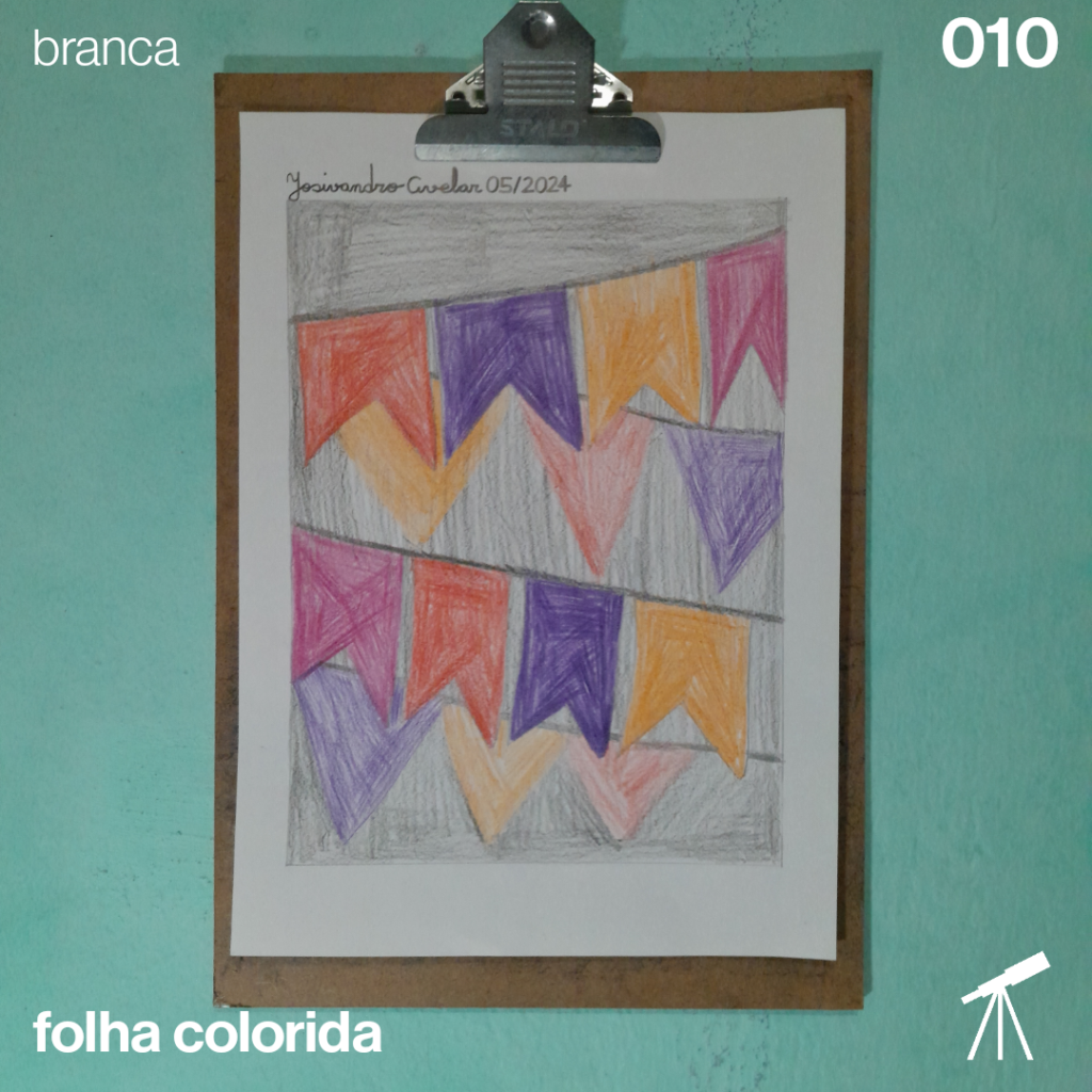 #FolhaBranca 010 - Bandeirinhas 1 Bandeirinhas de São João em tons de laranja, roxo, vermelho e violeta.