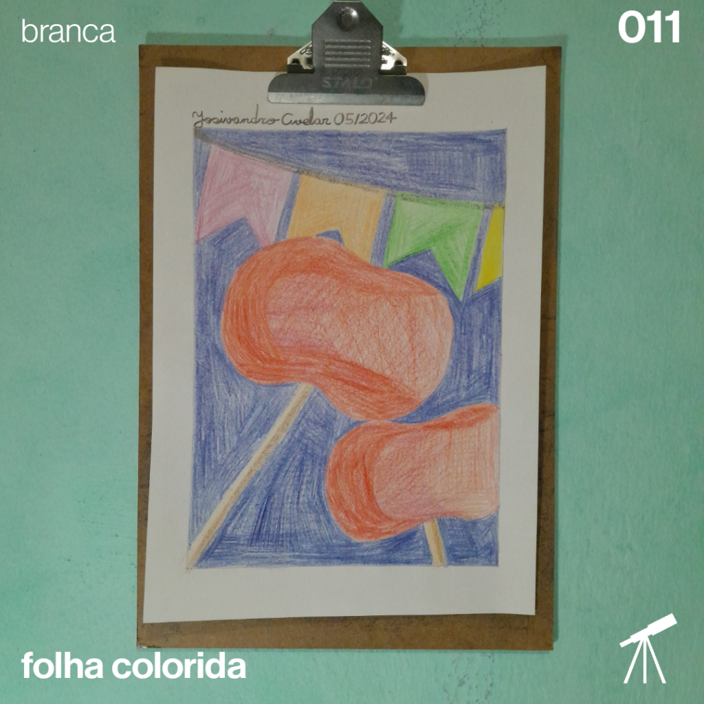 Desenho de duas maçãs do amor, com bandeirolas de São João em um fundo azul. A maçã do amor está presente em várias festas juninas, principalmente do interior.