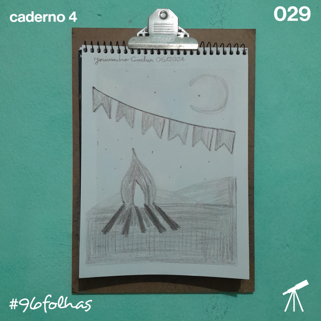 #96folhas caderno 4 - 029: Arraial em preto e branco 1 Desenho de um arraial em preto e branco, com fogueira e bandeirolas.