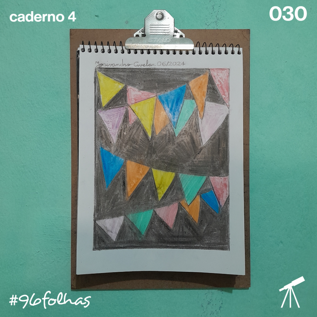 #96folhas caderno 4 - 030: Bandeirolas 1 Bandeirolas coloridas num fundo preto, representando uma noite de São João.