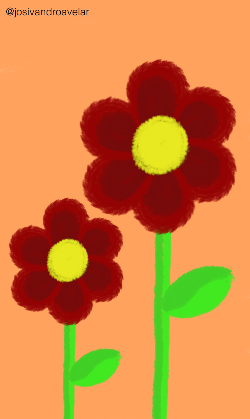 Artes digitais: pintando flores 1 Pintando flores vermelhas em fundo em tom de salmão.